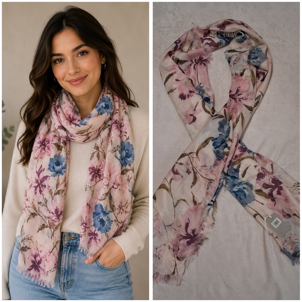 Nordstrom Eyelash Trim Pink Mixed Floral Cashmere & Silk Scarf OS 76" x 28"